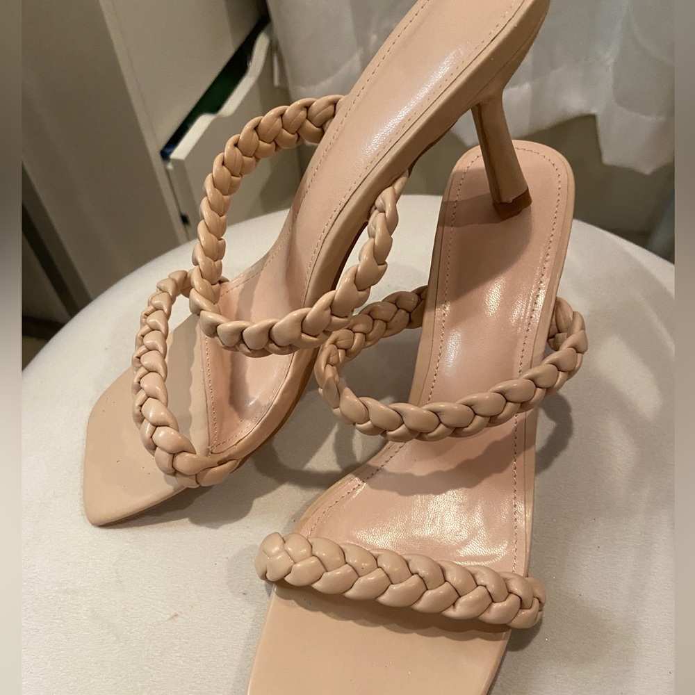 Nude woven sandal heels